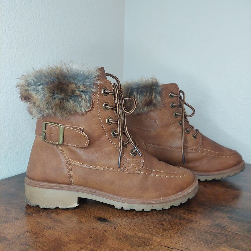 Dr Scholls Brown Faux Leather Fur Boot Size 7 - Winter Fall Ankle Bootie